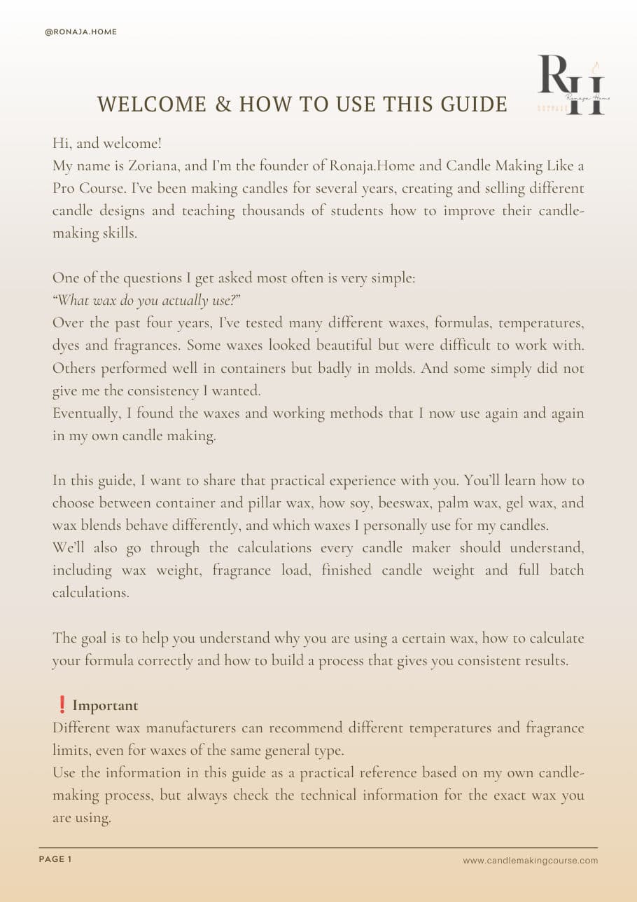 First page of The Complete Candle Wax, Temperature & Formula Guide