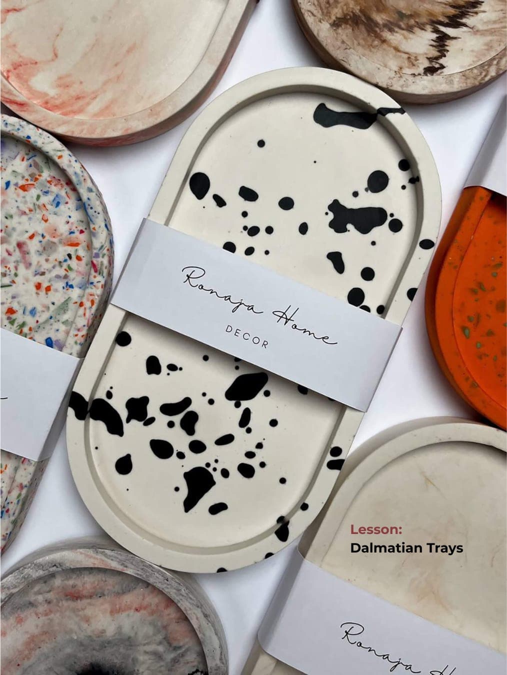 Dalmatian spot eco-stone tray with marbled pieces around it