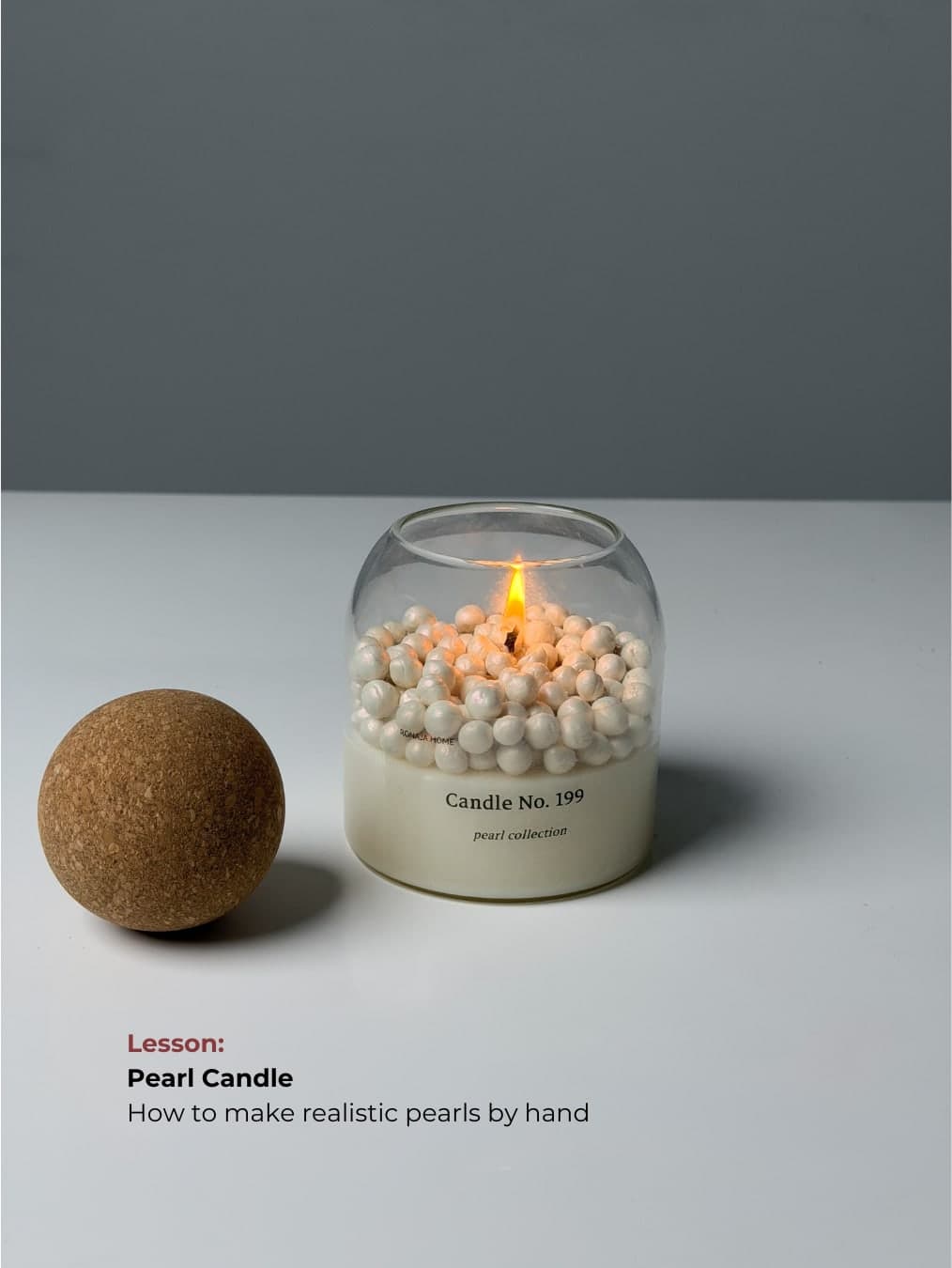 Container candle filled with handmade wax pearls